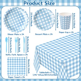 GQIRIL Gingham Plates Party Supplies - 169PCS Blue Paper Plates and Napkins Tablecloth Set, Disposable Plaid Checkered Tableware Kit for Birthday Baby Shower Wedding BBQ Dinner, Serve 24 Guests