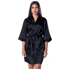 Pretty Robes Silk Satin Robes for Women Short Womens Kimono Robe Bridesmaid Bride Robes for Wedding and Bridal Party (Black, Small-Medium)