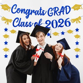 Blue and Gold Graduation Decorations Banner 2026,Glitter Blue and Gold Class of 2026 Banner and Graduation Caps Garland,Pre-Strung Congrats Grad Banner for Graduation Party