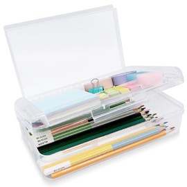 Nuozme Double Layer Large Capacity Pencil Box,Plastic Translucent Pencil Box, Hard Pencil Cases with Snap-Tight Lid for Pens, Pencils, School Supplies,Office Supplies, 1 Pack
