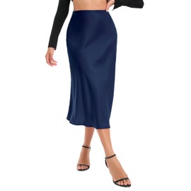Timuspo Midi Skirt Satin Skirt Women's Elegant Long High Waist Plain Midi Skirt A-line Summer Skirt with Concealed Elastic Band and Zip, navy