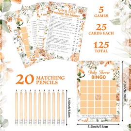 Yinder 145 Pcs Fall Pumpkin Baby Shower Games Girl or Boy Activities Cards Baby Bingo Description and Wishes Guess Who Mommy or Daddy Price is Right Word Scramble Game