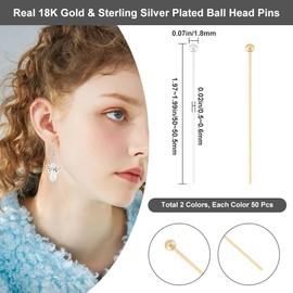 Beebeecraft 1 Box 100Pcs Ball Head Pins 18K Gold&925 Sterling Silver Plated Non Tarnish 50mm Long 24 Gauge 22 Gauge Ball Eye Pins Jewelry Making Findings for Earrings Charm Beads DIY Making
