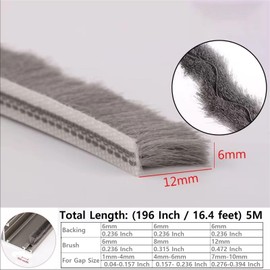 Zjclx 5m (16feet) Brush Weather Striping Card-Slot Seal Strip Pile Weatherstrip Door Sweep Brush for Door Window (6mm x 12mm (1/4" 1/2"), Gray)