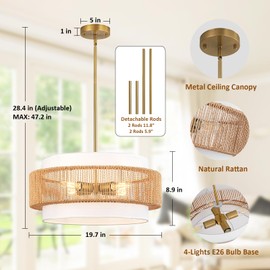 Boho Rattan Chandelier, 19.7" Large Boho Pendant Light with Fabric Lampshade, 4-Light Rattan Light Fixture Ceiling Hanging for Dining Room, Living Room, Bedroom, Kitchen Island, Hallway, Foyer