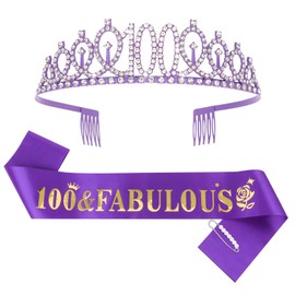 Casoty Purple 100th Birthday Sash and Tiara, Birthday Decorations for Women, Crown and Sash Set, Birthday Party Supplies for Women Gifts for Her