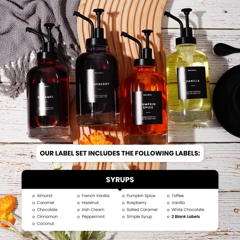 Molimoli Coffee Syrup Dispenser Set of 4, Glass Bottles with
