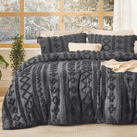 Bedsure Tufted Boho Comforter Set California King Size - Dark Grey Boho Bed Set, 3 Pieces Farmhouse Shabby Chic Embroidery Bedding, Gifts for Woman, Soft Jacquard Comforter for All Seasons