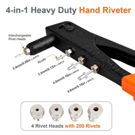 Rivet Gun, BIILION GOLD Pop Riveter Kit with 200 PCS Rivets, Handheld Metal Rivet Tool for Automotive, Railway, Sheet Metal, Instrument - Changeable 4 Sizes Nosepieces