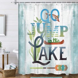 Xguatan Rustic RV Shower Cabin Curtain, Go Jump in The Lake Fish on Teal Wooden Shower Curtain, Fabric Farmhouse Country Lakeside Cottage Shower Curtain for Bathroom 12PCS Hooks, 70X70IN