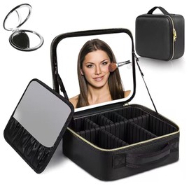 SOZOMO Bolsa de Maquillaje Profesional con Espejo LED,con Pequeño Espejo,Estuche de Maquillaje,Bolsa de Cosmético,con Divisores Ajustable y Sensor táctil 3 Colore Luces de Intensidad Ajustable (Negro)