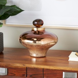 Deco 79 Glass Living Room Decorative Jars Wide Speckled Ombre Decorative Container with Oval Top Knob and Gold and Beige Accents, Jar with Lid 9" x 9" x 9", Copper