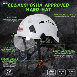 Hard Hats Construction OSHA Approved - ANSI Z89.1 Reflective Construction Worker Hat, Vented White Hard Hat with Visor for Men Women, ABS Safety Helmet for Adults,6-pt.Suspension