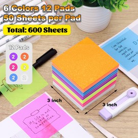 Transparent Sticky Notes 600 Sheets, Frosted Glitter Gummy 3x3 Inch, High Glass-Like Clear See Through Post Self-Adhesive Notes for Women Office School Teacher Planer Bible Supplies 12 Pads
