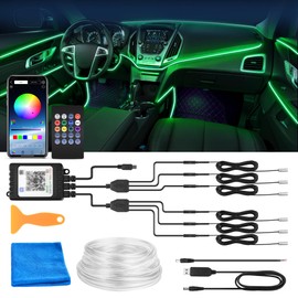MICTUNING Car LED Interior Strip Light, 6 in 1 RGB Multicolor with 390 inches Fiber Optic Ambient Lighting Kits with Remote and APP Control, Car USB LED Strip Lights with Music Sync Mode