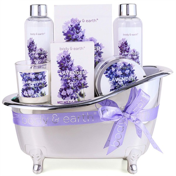 Gift Basket for Women - Bath Spa Baskets Gift Set for Women, Body & Earth 7 Pcs Lavender Bath Gifts for Birthday Mom Friend with Shower Gel, Bubble Bath, Bath Salts ,Body Lotion, Scented Candle