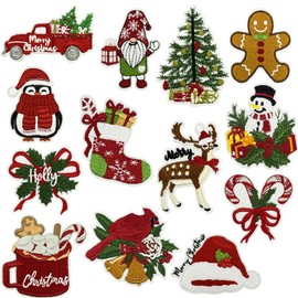 Christmas Iron on Patches for Clothes, 13Packs Red Merry Christmas Embroidered Sew on Appliques Xmas Tree Elk Snowman Dwarf Car Holly Theme Repair Patches DIY Crafts Accessories Gifts Decoration