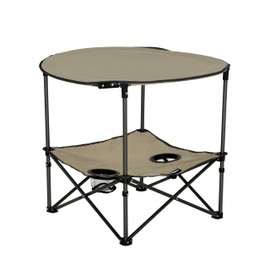 Lippert Sand Two-Tier Folding Camping Table with Dual Cupholders, 600D Polyester Fabric, Powder-Coated Steel Frame, Foldable Design, Lightweight Construction, Zippered Carry Bag - 2023053721