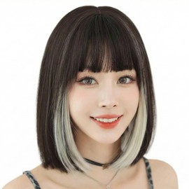 Short Bob Full Wig, Women's Wig, Women's, Straight, Heat Resistant, Fiber, Inner Wrap, Slouch, Bangs Included, Net, One Size Fits Most, Adjustable Size, Hair Net Included, Short Hair, Medium, Daily