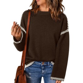 Darong Women 2024 Fall Sweater Crew Neck Casual Long Sleeve Loose Pullover Rib Knit Sweaters Tops 9107 Coffee M