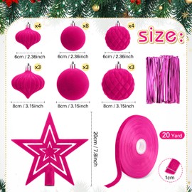 Hollowfly 27 Pcs Velvet Christmas Tree Ornaments Set Velvet Christmas Balls with Velvet Star Tree Topper Velvet Ribbon 3/8inch Xmas Decorative Hanging Ornaments for Xmas Party Yard Decors(Hot Pink)