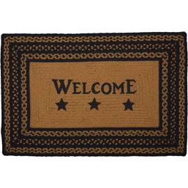 VHC Brands Farmhouse Jute Rectangular Stencil Stars Rug with Welcome Stencil 20x30 Country Braided Flooring, Country Black and Tan