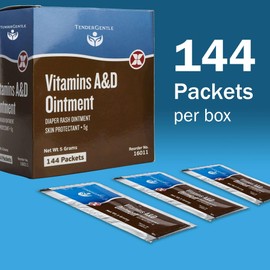 TenderGentle Vitamin A&D Ointment For Baby Diaper Rashes - 144 Packets of A and D Ointment for Adults, Babies, and Seniors - Skin Protectant Cream