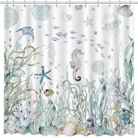 MEHOFOND Nautical Shower Curtain Coral Seashell Beach Shower Curtains for Bathroom Decor Under The Sea Themed Bathroom Shower Washable Durable Fabric Shower Curtains 72x72 in