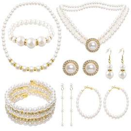 8 Pcs Gold Pearl Necklace Earrings Set for Women Girls Simulated Pearl Bracelet 1920s Faux Pearl Necklace Costume Jewelry Pearls Accessories for Gifts Wedding