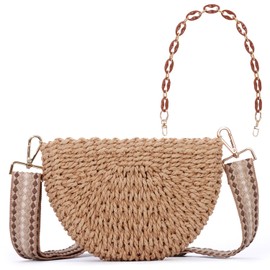 SUKUTU Women Half Circle Braided Shoulder Bag Straw Beach Bag Braided Shoulder Bag with Chain Shoulder Strap, Brown