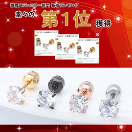 Reiwa Ryojinkan Double-Stone Earrings, Hypoallergenic, Leave-In, Overnight, Simple, Screw Type, Surgical Stainless Steel, Ear Lobe, Pair, Both Ears, Silver Stainless Steel Cubic Zirconia, Cubic