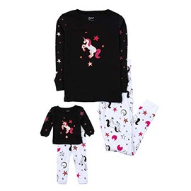 Leveret Matching Doll & Girls Pajamas 100% Cotton Unicorn Black (Size 8 Years)