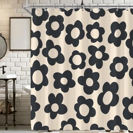 Visioun Black Cute Retro Floral Abstract Flower Shower Curtain for Bathroom 72W*72H Inch 70s Lovely Vintage Aesthetic Funky Bathtub Decor Modern Trendy Waterproof Polyester Fabric Set with 12 Hooks