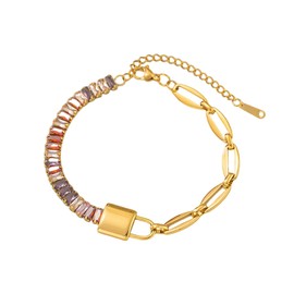 Stainless Steel Chunky Paperclip Chain Link Bracelet Padlock Stacking Bracelet Colorful Cubic Zirconia Tennis Bracelet Adjustable Gold Lock Charm Bangle Wrist Jewelry for Women Teen