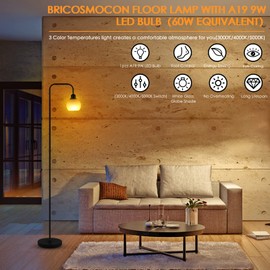 Bricosmocon Modern Floor Lamp for Living Room, Black, with 3 Color Temperatures LED Bulb, Industrial Design, 63.2 in H, White Glass Shade, E26 9W A19 LED Bulb Included