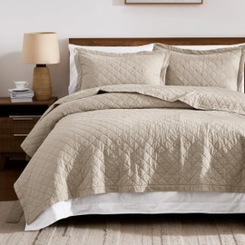 WDCOZY 100% Cotton Queen Size Quilt Set - Beige Neutral Ruffle Box Soft Lightweight Bedspread, Textured Like Linen, Farmhouse Country Rustic Coverlet, Shabby Chic Gauze Bedding, 3 Pieces