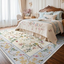 jinchan Floraison 8x10 Area Rug Floral Washable Carpet Indoor Non Slip Soft Netural Chinoiserie Large Low Pile Boho Design Rug for Living Room Bedroom Dining Room Beige/Blue