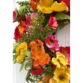 24" Summer Round Poppy Wreath for Front Door with Orange, Red, Yellow, and Pink Flowers and Green Ferns