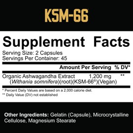 5% Nutrition Core KSM-66 Ashwagandha | 1,200mg Organic Ashwagandha Root Powder Extract | High Potency 5% Withanolides (45 Servings, 90 Capsules)