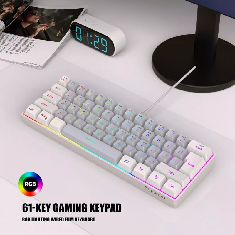 Snpurdiri 60% Wired Gaming Keyboard, RGB Backlit Mini Keyboard (White-Grey)