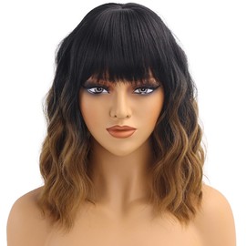 Ombre Brown Short Wavy Wigs with Bangs for Women Natural Looking Curly Bob Wig Shoulder Length Water Wave Wig Heat Resistant Synthetic Wig for Daily Party Use