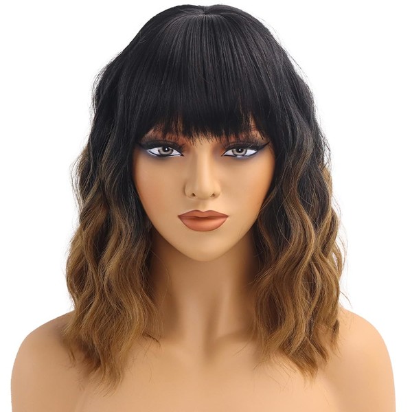 Ombre Brown Short Wavy Wigs with Bangs for Women Natural