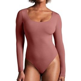 Ewedoos Long Sleeve Bodysuits for Women Scoop Neck Body Suits for Womens Tummy Control Soft Double Lined Bodysuit Tops