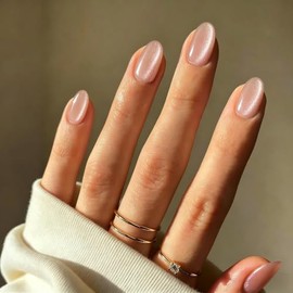 Uñas postizas cortas ovaladas color beige nude con efecto ojo de gato, uñas postizas con acabado cromado brillante, uñas postizas cortas de gel con pu