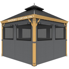 10ft x 12ft Gazebo Curtains,Privacy Replacement Sidewall with Roll-up Mosquito Net Windows, 4-Panel Universal Shade Curtains Set,Protecting Side Walls (Only Curtain)-Grey