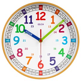 ITOOZYNN Silent Kids Wall Clock,Telling Time Teaching Clock for Kids, 10 Inch Non-Ticking Battery Operated Colorful Clock for Kids Room,Play Room,School Classroom. (Wood Grain, 10 Inch)