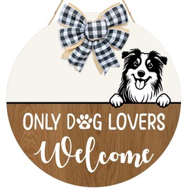 Only Dog Lovers Welcome Sign,Cute Dog Front Door Sign,Round Welcome Wooden Door Hanger Sign for Home,Dog Wall Art Decor with Buffalo Plaid Bow,13.7''x13.7''