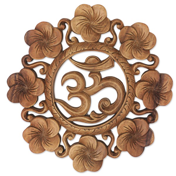 NOVICA Brown Hand Carved Suar Wood Relief Panel, 'Blooming Om'