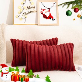 Uhomy Set of 2 Christmas Red Faux Fur Plush Christmas Red Decorative Throw Pillow Covers Fuzzy Striped Soft Pillowcase Cushion Covers for Sofa Couch Bedroom 12x20 inch 30x50 Cm Burgundy Red