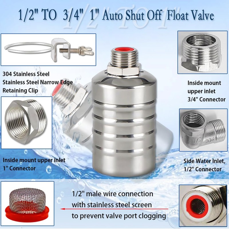 Float Valve,1/2" to 3/4" 1'' Water Level Control Float Valve,